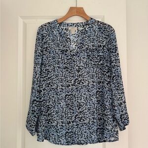 LOFT women’s blue abstract semi-sheer long sleeve tunic blouse shirt top SMALL